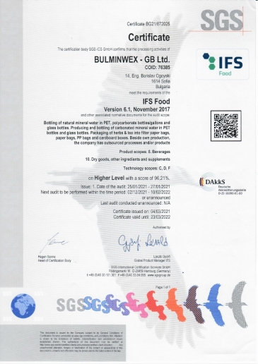 Certificate IFS FOOD 6.1 for safety and quality of the products